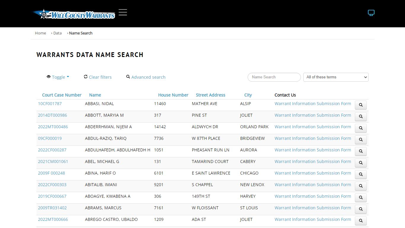 Name Search - Will County Warrants